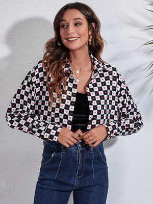 Checkerboard cropped shirt jacket with red hearts, button front, and collar.