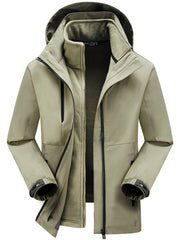 Khaki hooded zip jacket with fleece lining and black zipper details.