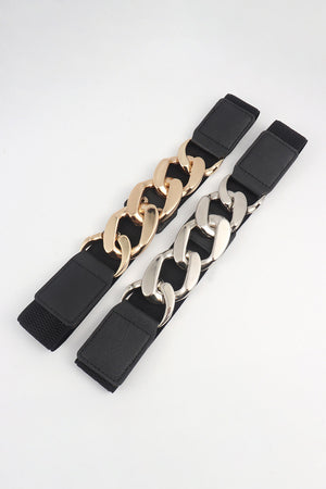 Chunky chain elastic belt with black fabric and gold or silver alloy chain detail