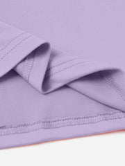 Lavender t-shirt detail showing hem and stitching