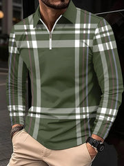 Army green graphic plaid zip polo with a quarter zip neckline and long sleeves.