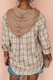 Plaid hooded shirt jacket in khaki cotton with drawstrings and button details.