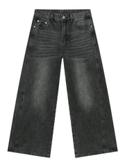 Dark wash denim trousers with exaggerated wide legs and a casual fit.