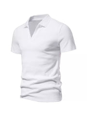 Men's white cotton blend polo shirt with notched collar and short sleeves.
