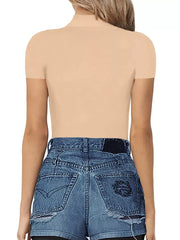 Form-fitting short sleeve bodysuit in Khaki with mock neck.
