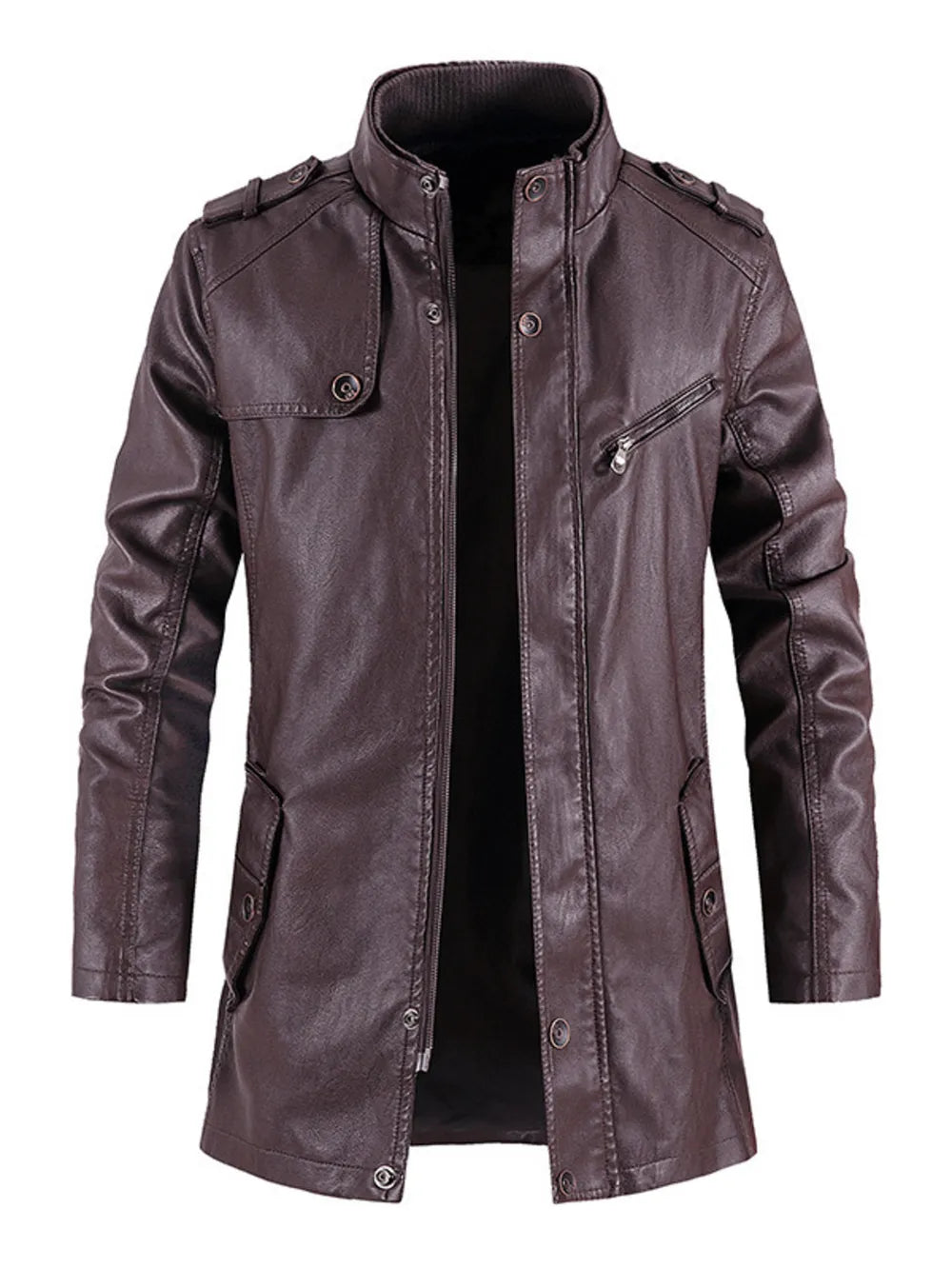 Men's brown faux leather zip-up jacket with snap-button epaulets and zippered chest pocket.
