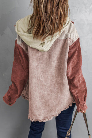 Colorblock corduroy hooded utility jacket with tan sleeves and blush pink body.
