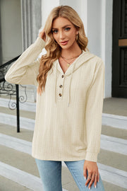 Textured henley hooded knit top in Tan with button placket and drawstring.