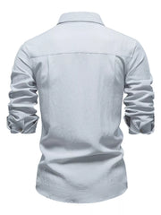Gray green cotton button-up shirt with classic collar and buttoned cuffs