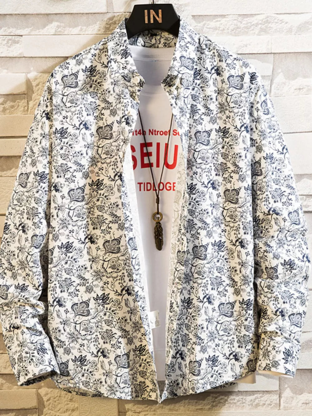 Men's Plus Size Printed Button Up Shirt, alternate angle