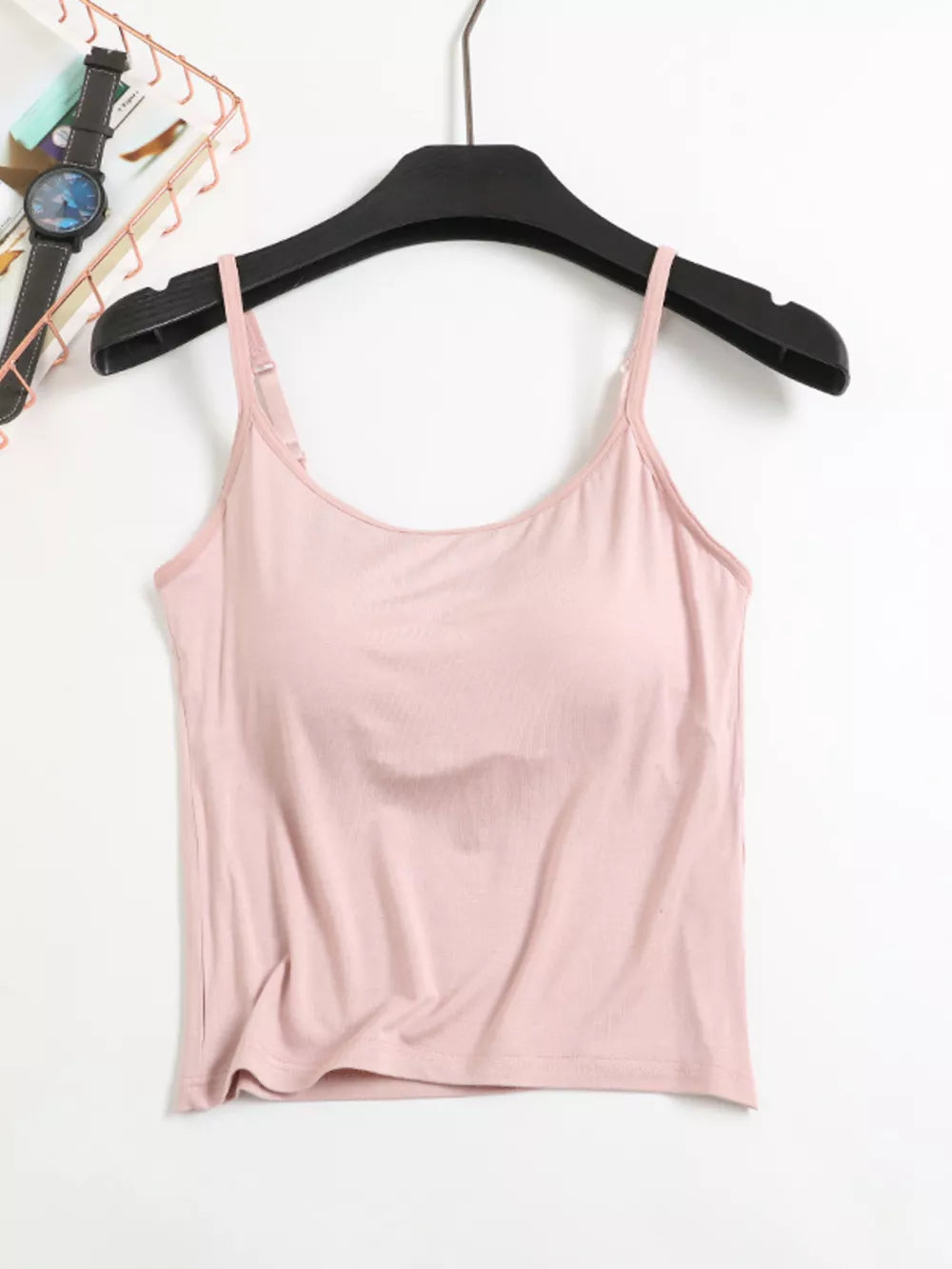 Pink cami top with adjustable straps, basic style, comfortable loungewear.