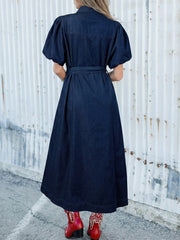 Denim midi dress with belt and puff sleeves, button-down style.