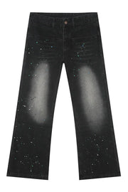 Dark wash flare jeans with double waistline and splatter paint detail