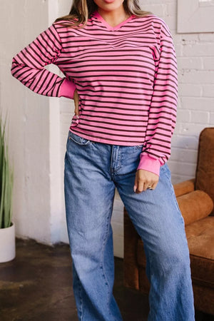 Stripe V Neck Drop Shoulder Long Sleeve Shirt, close-up detail