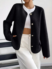 Black textured button-up fleece jacket with round neckline and silver buttons.