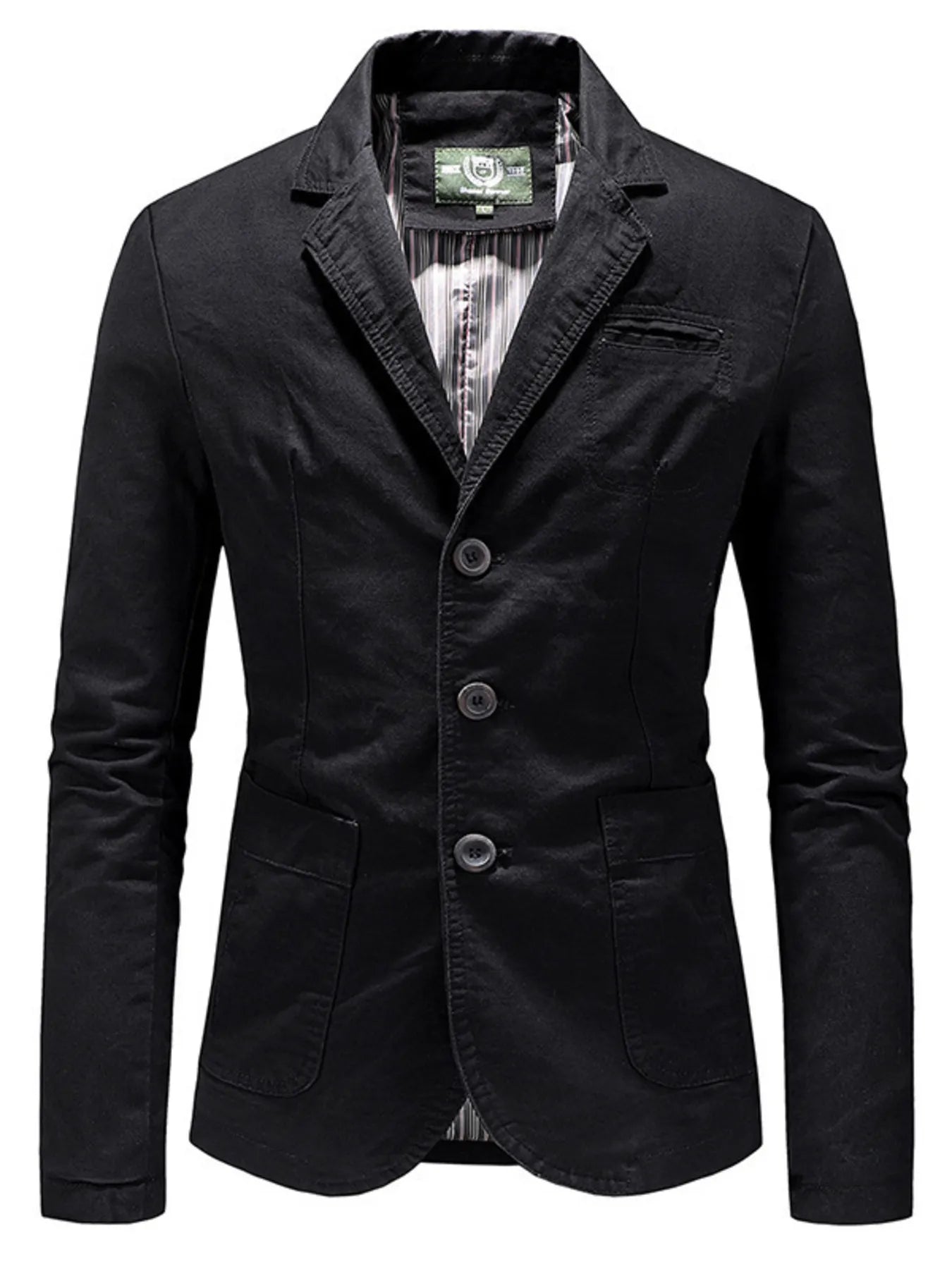 Black cotton casual blazer with button-up front and flap pockets.