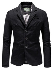 Black cotton casual blazer with button-up front and flap pockets.
