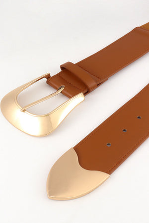 Caramel leather belt with sculpted gold buckle and tip detail