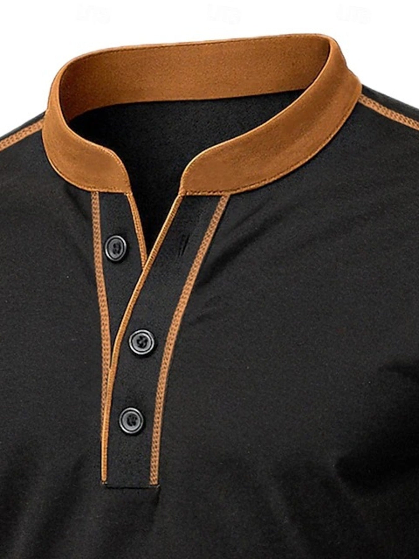 Black casual t-shirt with brown trim and buttons, henley neckline