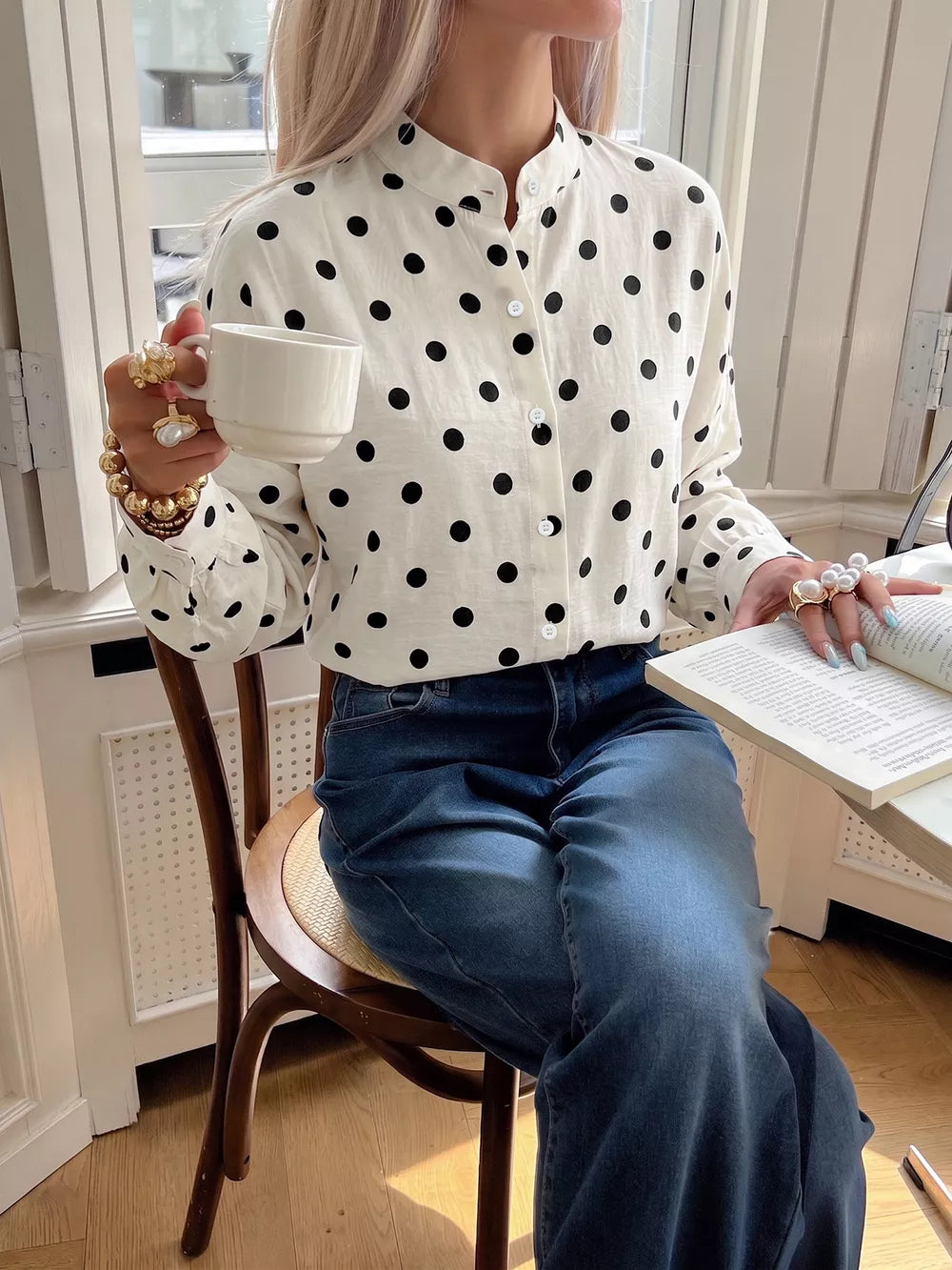 Polka Dot Button-up Shirt in Beige, model styling view
