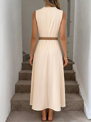 Cream A-line midi dress with pearl neckline and cinched waist belt
