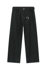 Black denim wide-leg trousers with a matching belt and silver buckle.