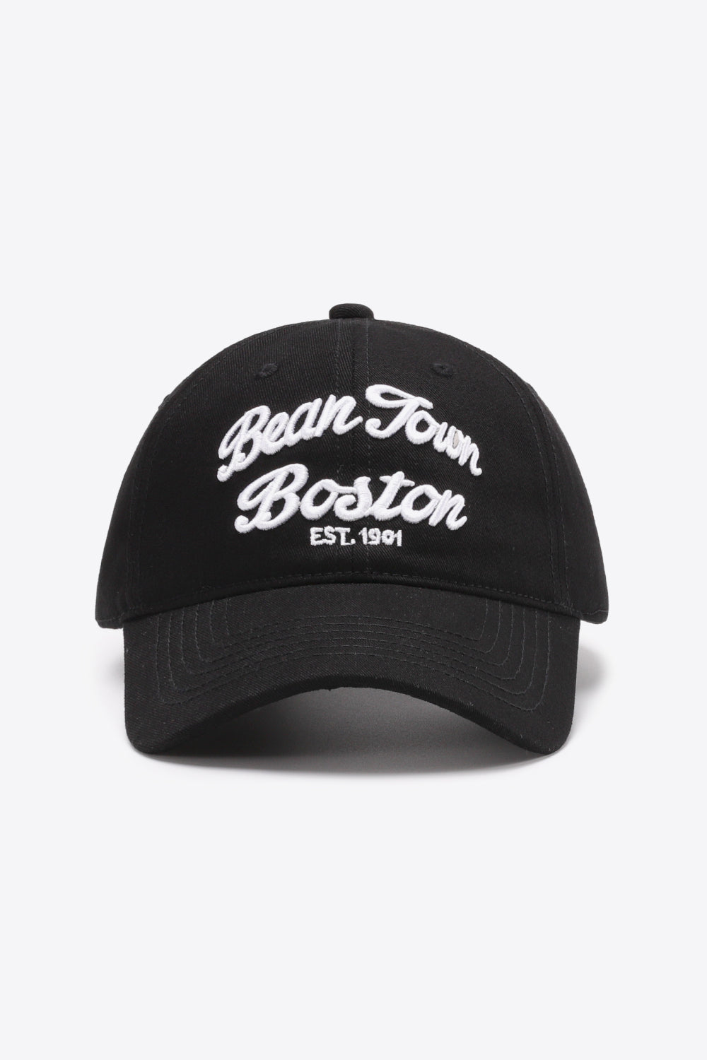 Black baseball cap with white "Bean Town Boston EST. 1901" embroidery