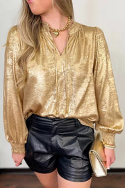 Metallic Sheen V Neck Gathered Cuff Blouse, back view
