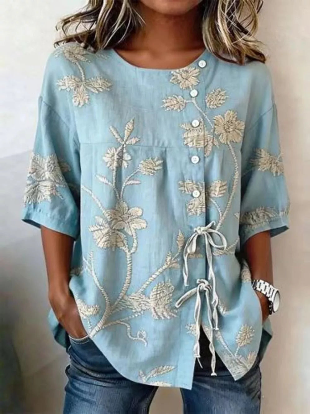 Embroidered Floral Tie Front Shirt Plus Size in Blue, model styling view