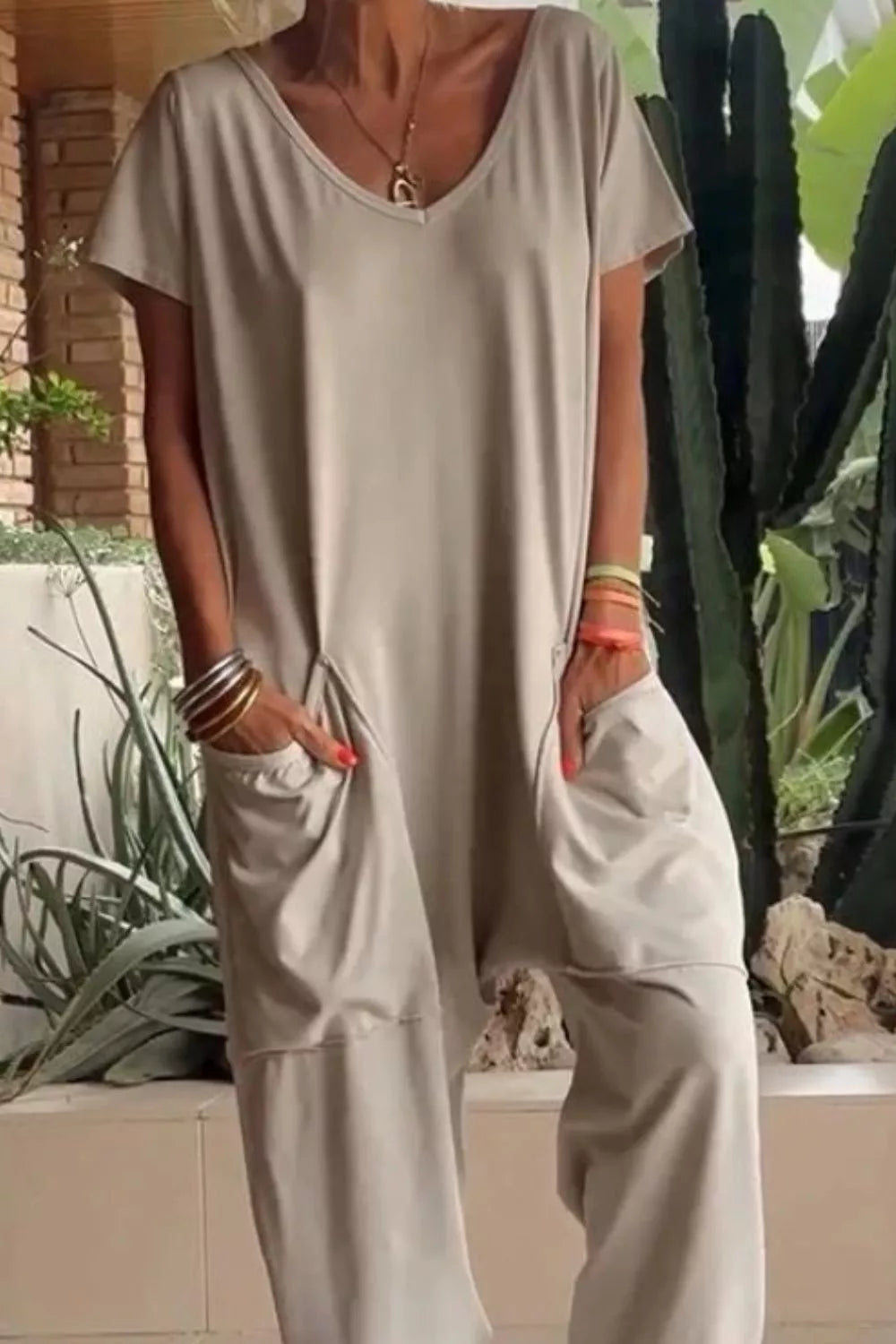 Casual V-neck Short Sleeve Jumpsuit With Pockets in Orange, front view