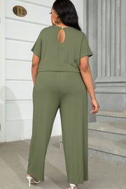 Moss relaxed fit jumpsuit with short sleeves and keyhole back detail.