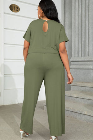 Moss relaxed fit jumpsuit with short sleeves and keyhole back detail.