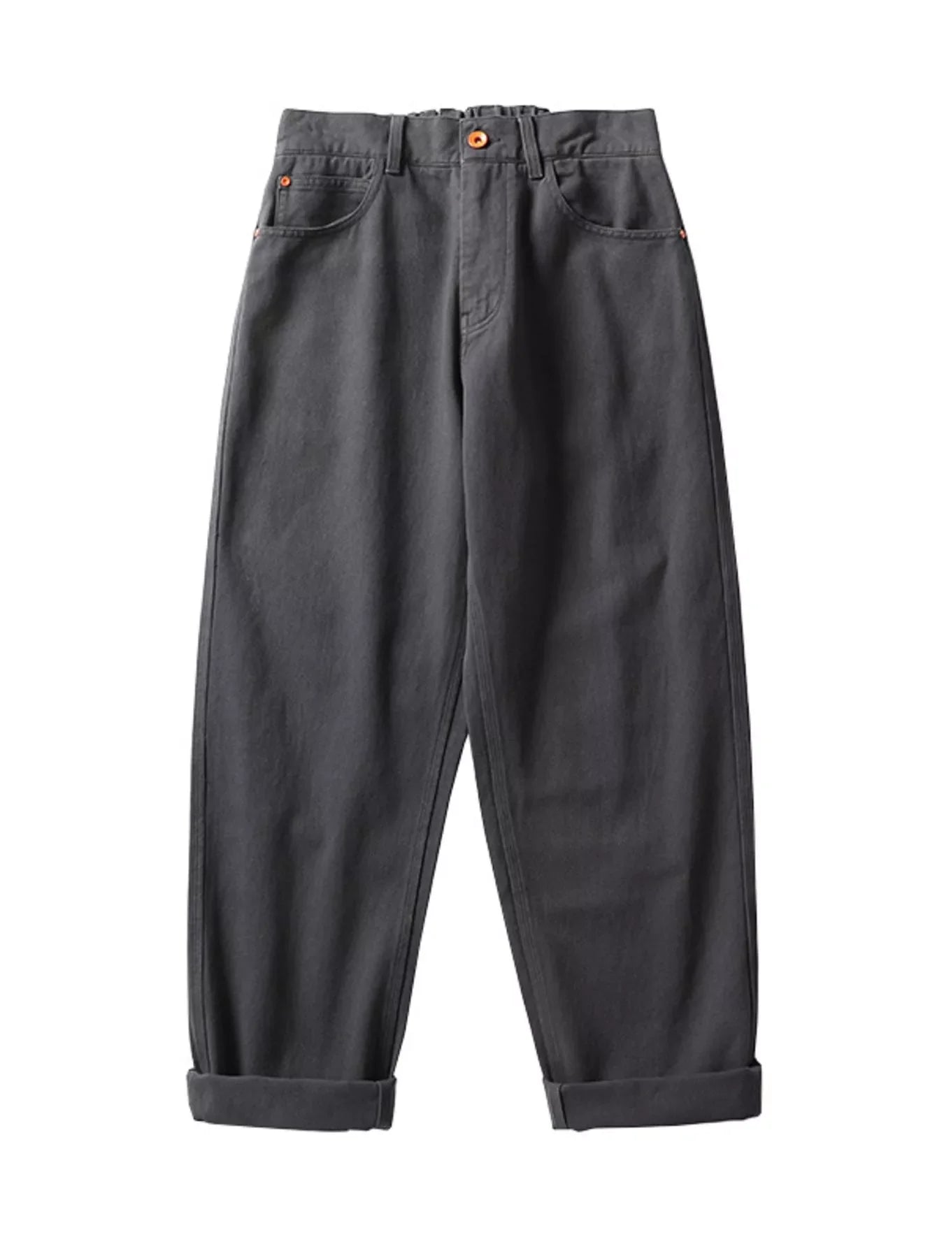 Dark gray cotton wide-leg trousers with cuffed hems and a drawstring waist.