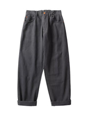 Dark gray cotton wide-leg trousers with cuffed hems and a drawstring waist.