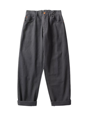 Dark gray cotton wide-leg trousers with cuffed hems and a drawstring waist.