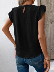 Black pleated yoke flutter sleeve blouse with keyhole back detail.