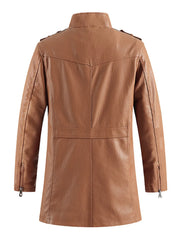 Men's caramel faux leather zip-up jacket with zippered cuffs and back detail.