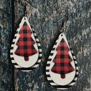 Plaid tree teardrop earrings with black and white stripes, made of alloy.