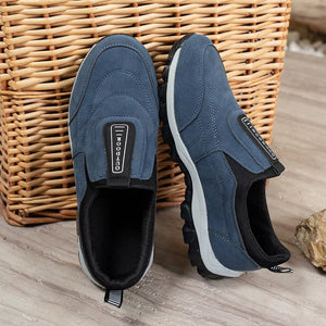 Blue suede-like round toe slip-on sneakers with "OUTDOOR" detail