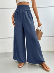Dusty Blue textured palazzo lounge trousers with smocked waist