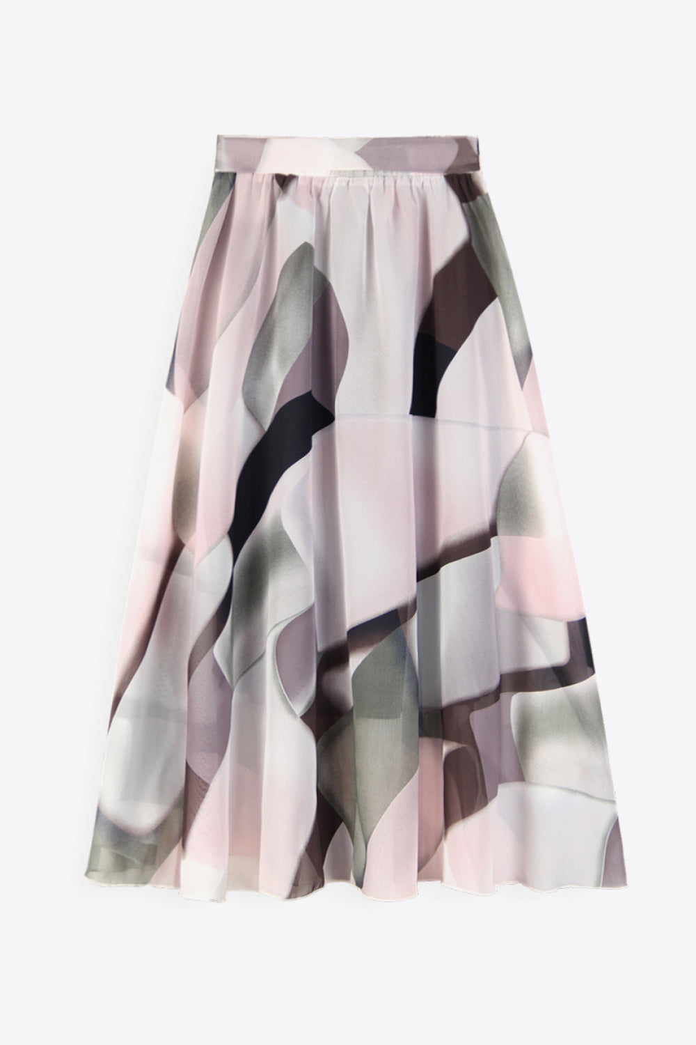 Chiffon midi skirt with abstract print in blush pink, grey, and black.