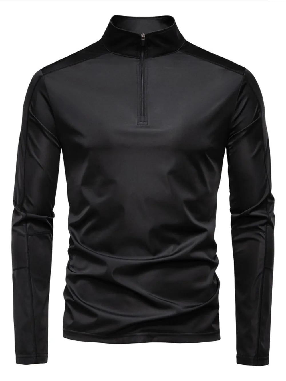 Black performance zip-neck tee with structured shoulders and long sleeves.