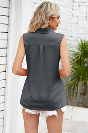 Sleeveless dark gray collared top with pleat detail on back, casual style