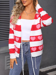 Red and white striped acrylic cardigan with pink hearts and tie front.