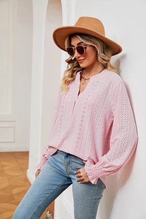 Blush pink eyelet detail blouse with poet sleeves and V-neck