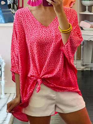 Pink leopard print V-neck maternity shirt with knot detail