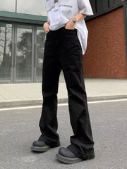 Men's black high-waisted flare leg trousers with a casual streetwear style.