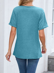Blue-green V-neck t-shirt with cuffed short sleeves and a relaxed fit.