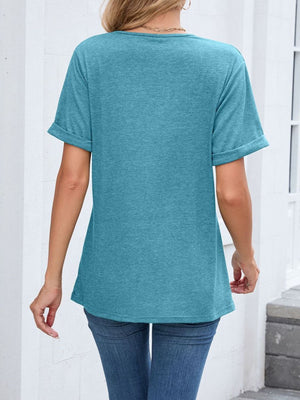 Blue-green V-neck t-shirt with cuffed short sleeves and a relaxed fit.