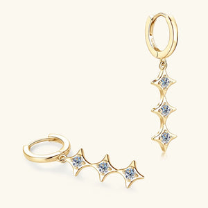 Gold hoop earrings with three dangling star-shaped moissanite stones each